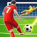 赤いユニフォームのサッカー選手がゴールに向かってシュートし、黄色いユニフォームのゴールキーパーがセーブしようとしている。