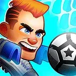 アニメスタイルの少年が笑顔でサッカーボールを蹴ろうとしているシーン。