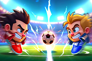 二人のアニメ風キャラクターがサッカーボールを挟んで対面している。