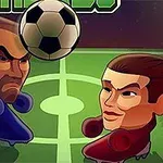 サッカーボールを挟んで向き合う、漫画風の表情豊かな二人のキャラクター。