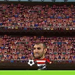 サッカースタジアムで、観客を背景に大きな頭のサッカー選手2人がボールを挟んで立っているイラスト。