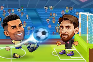 サッカー場で大きな頭のキャラクターが光るボールを蹴り、ゴール前の相手と観客が描かれているイラスト。