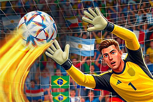 黄色のユニフォームを着たゴールキーパーが、炎のような軌跡を描くサッカーボールを守ろうとしているイラスト。