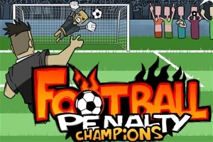 サッカー選手がゴールキーパーに向かってボールを蹴るペナルティキックの場面と「FOOTBALL PENALTY CHAMPIONS」のロゴ。