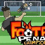 サッカー選手がゴールキーパーに向かってボールを蹴るペナルティキックの場面と「FOOTBALL PENALTY CHAMPIONS」のロゴ。