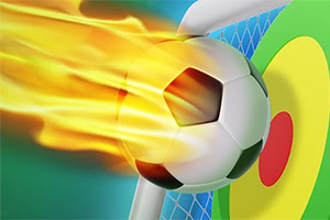 燃えるサッカーボールがゴールネットに向かって飛んでいる。