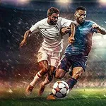 サッカースタジアムで白いユニフォームの選手と青いユニフォームの選手が競っているシーン。