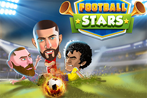カートゥーン風のサッカー選手たちがサッカー場で炎に包まれたサッカーボールを追いかけている。