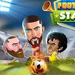 カートゥーン風のサッカー選手たちがサッカー場で炎に包まれたサッカーボールを追いかけている。