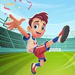 サッカー場で男の子が空中でサッカーボールを蹴っているイラスト。
