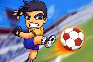 サッカーユニフォームを着たアニメ風のキャラクターが、勢いよくサッカーボールを蹴っているシーン。