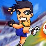 サッカーユニフォームを着たアニメ風のキャラクターが、勢いよくサッカーボールを蹴っているシーン。