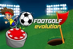 サッカーボールを蹴るキャラクターと穴のあるゴルフコース、旗が描かれたイラスト。