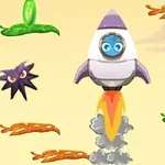 ロケットが発射している場面で、周囲に紫色の星形キャラクターと緑の葉のプラットフォームが浮かんでいる。