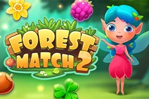 妖精が森の中でカラフルな果物や四葉のクローバーと一緒にいるイラスト。