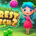 妖精が森の中でカラフルな果物や四葉のクローバーと一緒にいるイラスト。