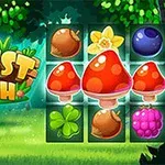 緑の森の中に配置されたキノコ、ドングリ、花、果物のイラストと左側に「FOREST MATCH」の文字があります。