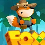森の中で帽子をかぶり緑色のスカーフをつけたキツネのキャラクターが、FOXの文字の上に立っているイラスト。