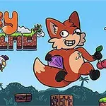 赤いキツネが紫色の宝石と赤いさくらんぼを持っている、漫画風の風景と動物たちが描かれたイラスト。