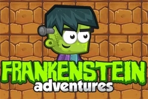 緑色のキャラクターが背景のレンガの壁の前に描かれ、「Frankenstein adventures」というテキストが書かれているイラスト。