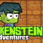 緑色のキャラクターが背景のレンガの壁の前に描かれ、「Frankenstein adventures」というテキストが書かれているイラスト。