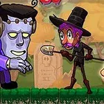 青い肌のキャラクターと、スコップを持ち黄色のポーションを持った帽子をかぶった人物が向かい合っているイラスト。