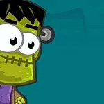 緑色の顔をした大きな目のアニメ風キャラクターが描かれている。
