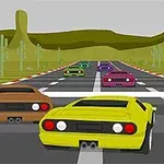 黄色や茶色のスポーツカーが道路を走行している様子で、背景には砂漠とサボテンが描かれている。