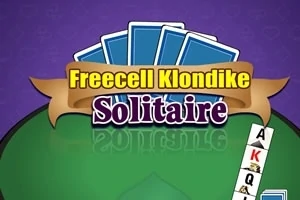 紫色の背景にトランプのカードと「Freecell Klondike Solitaire」と書かれたバナーがあり、右側にエースとキングのカードが並んでいる。