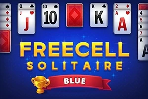 青い背景にトランプの絵柄と「FREECELL SOLITAIRE BLUE」の文字が表示され、下に金色のトロフィーがある。