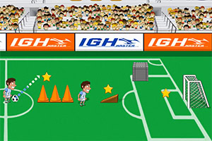 サッカー場でプレイヤーがコーンや障害物を避けながらゴールを目指すイラスト。