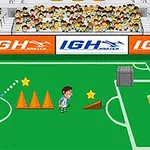 サッカー場でプレイヤーがコーンや障害物を避けながらゴールを目指すイラスト。