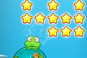 青い背景に黄色い星が並び、緑のカエルが泡の上に乗っているイラスト。