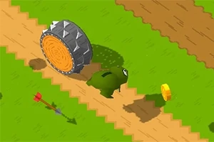 緑色のキャラクターがコインに向かって進む途中、後ろから棘付きの巨大な車輪が追いかけてきている。