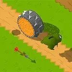緑色のキャラクターがコインに向かって進む途中、後ろから棘付きの巨大な車輪が追いかけてきている。