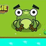 緑の背景に大きな目のカエルが中央に描かれており、左上に「FROGIE CROSS THE ROAD」という文字が書かれている。