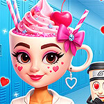 カップケーキの頭を持つ女性キャラクターがハート模様のついたストローとハート型のイヤリングをしており、背景にはロッカールームが描かれている。