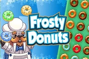 シェフのキャラクターがドーナツを持っているイラストと「Frosty Donuts」という文字。