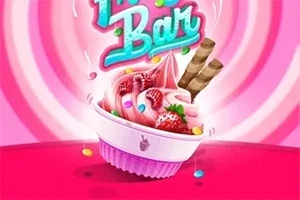 ピンクの背景に、ラズベリーとイチゴが飾られたアイスクリームのカップがあり、上に「Bar」と書かれたカラフルな文字が浮かんでいる。