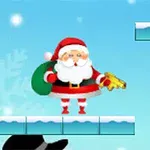 サンタクロースが緑の袋を持ち、雪の上で金色の銃を構えているイラスト。