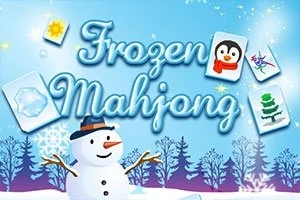 雪だるまと冬の背景に、多様なイラストが描かれたマージャン牌が空中に浮かんでいるイメージ。