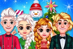 4人のキャラクターが並んでおり、背景には雪だるまとクリスマスツリーが描かれている。