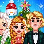4人のキャラクターが並んでおり、背景には雪だるまとクリスマスツリーが描かれている。