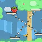 木の背景にプラットフォーム、キー、星、苺が配置されたピクセルアート。
