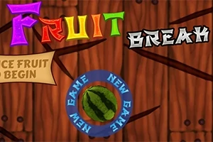 カラフルな文字で「FRUIT BREAK」と書かれた木目調の背景に、西瓜のイラストと「NEW GAME」と書かれた青い円。