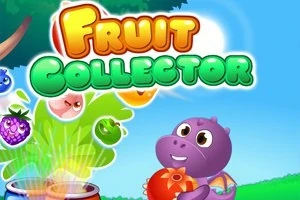 紫色のキャラクターが果物を集めているイラスト。