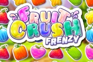 カラフルなフルーツが並び、「FRUIT CRUSH FRENZY」と書かれたポップな文字の画像。