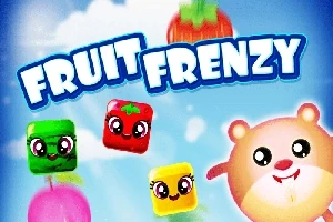 青空の背景に「FRUIT FRENZY」のタイトル、表情豊かな果物のブロックとかわいい動物キャラクターが描かれた画像。