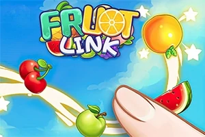 指がスイカ、オレンジ、リンゴ、チェリーをつなぐカラフルなフルーツと青空のイラスト。