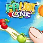 指がスイカ、オレンジ、リンゴ、チェリーをつなぐカラフルなフルーツと青空のイラスト。